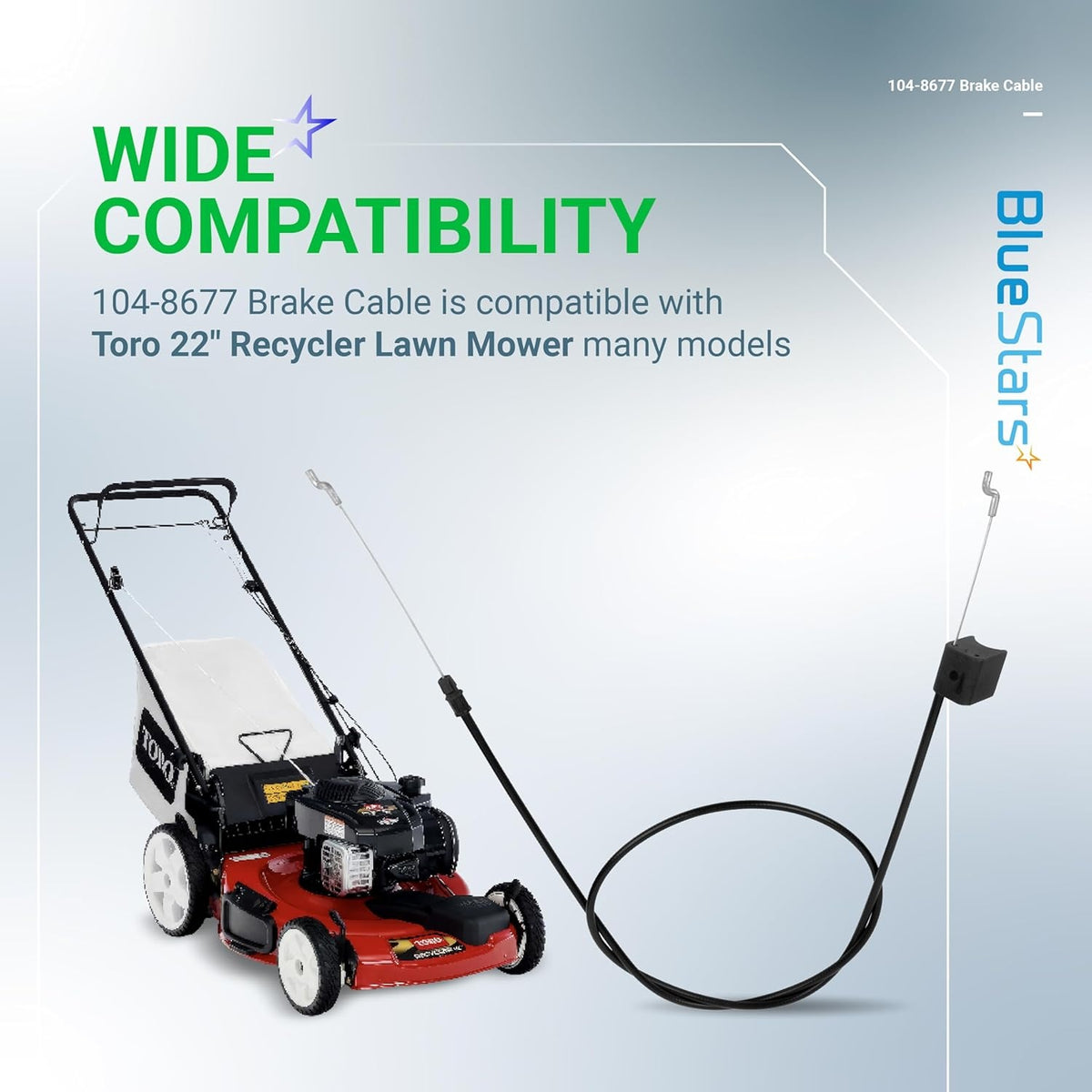 104-8677 brake cable for Toro 22-inch Recycler lawn mowers shown with compatible mower model.