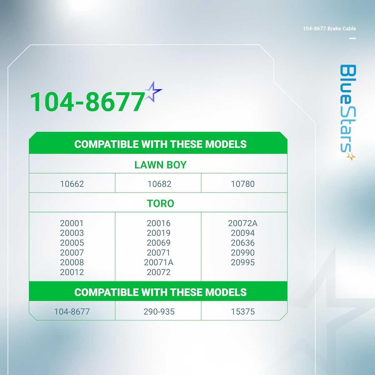 Compatibility chart for 104-8677 brake cable showing compatible Toro and Lawn Boy mower models.