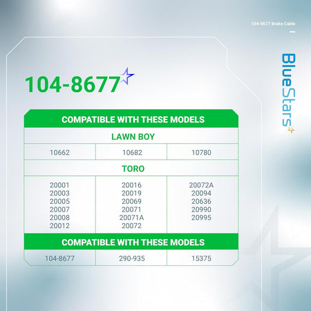 Compatibility chart for 104-8677 brake cable showing compatible Toro and Lawn Boy mower models.