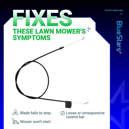 104-8677 brake cable for Toro 22-inch Recycler mowers, shown with symptom troubleshooting guide.