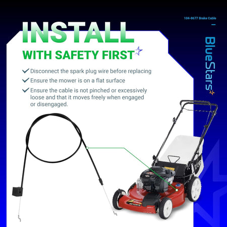 Installation guide for 104-8677 brake cable showing compatibility with Toro 22-inch Recycler lawn mowers.