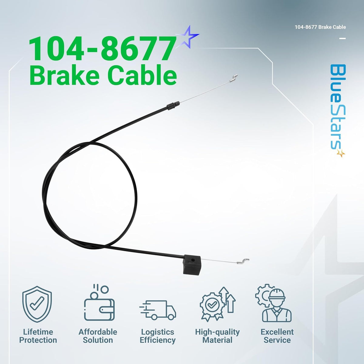 104-8677 replacement brake cable for Toro 22-inch Recycler mowers shown on a branded product information graphic.