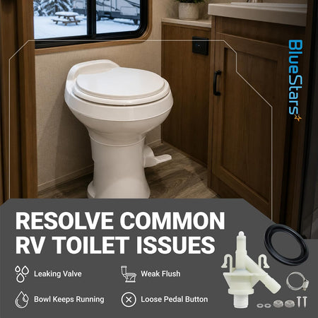 RV Toilet Valve Kit for Dometic 300 301 310 311 320 321 Toilets, infographic showing RV toilet and valve kit parts