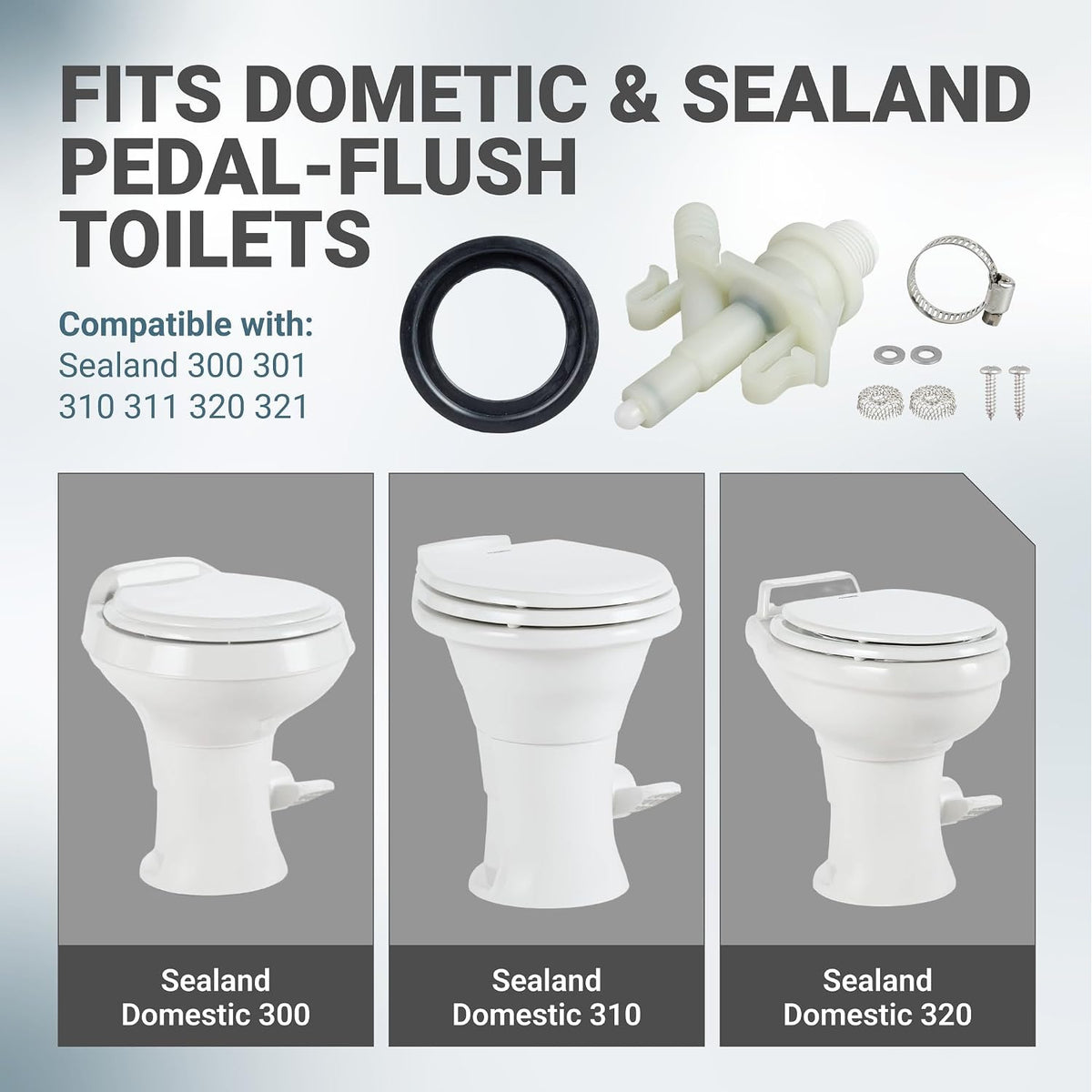 RV Toilet Valve Kit for Dometic 300 301 310 311 320 321 Toilets, compatibility graphic with valve, seal and hardware
