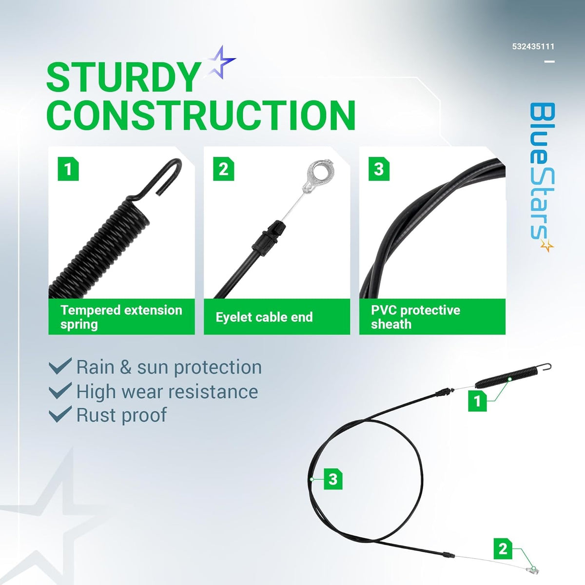 Infographic showing construction details of 532435111 deck engagement clutch cable for AYP Poulan Craftsman mowers.
