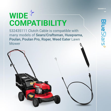 532435111 deck engagement clutch cable for Craftsman lawn mowers with compatibility information graphic.