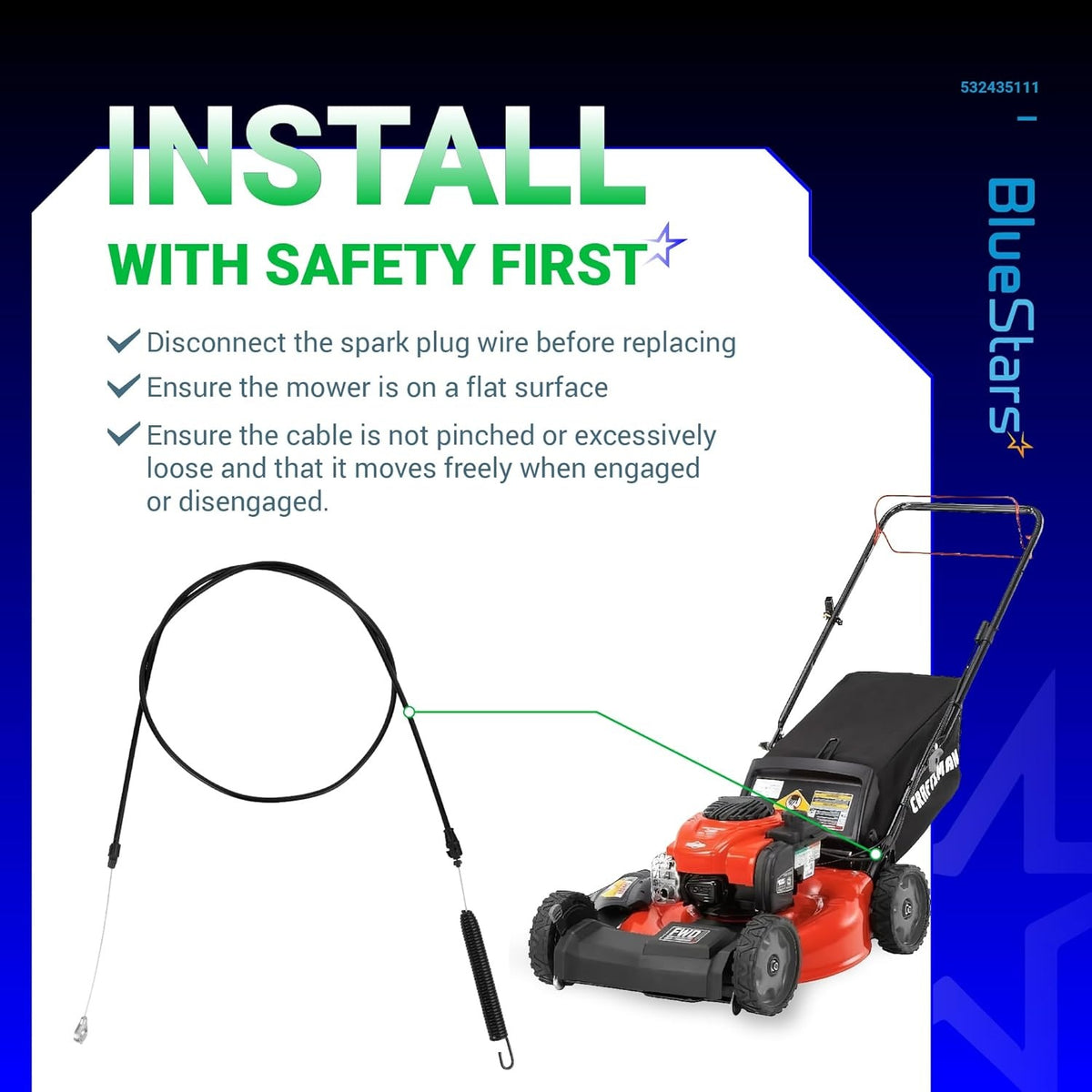 Installation guide for 532435111 deck engagement clutch cable on a Craftsman lawn mower with safety instructions.