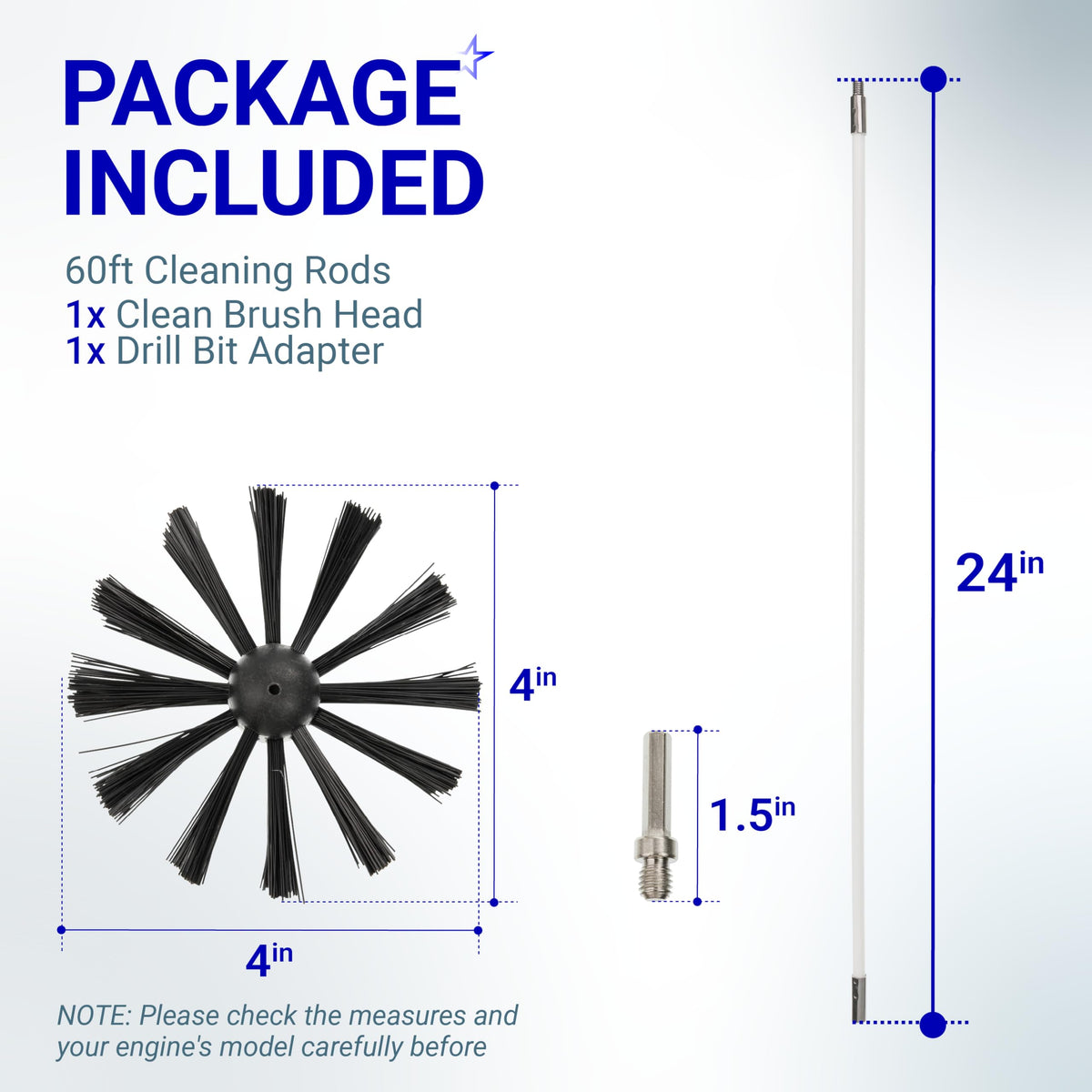 Dryer vent cleaner kit components including a 4-inch brush head, drill bit adapter, and 24-inch flexible cleaning rod.