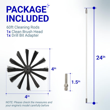 Dryer vent cleaner kit components including a 4-inch brush head, drill bit adapter, and 24-inch flexible cleaning rod.