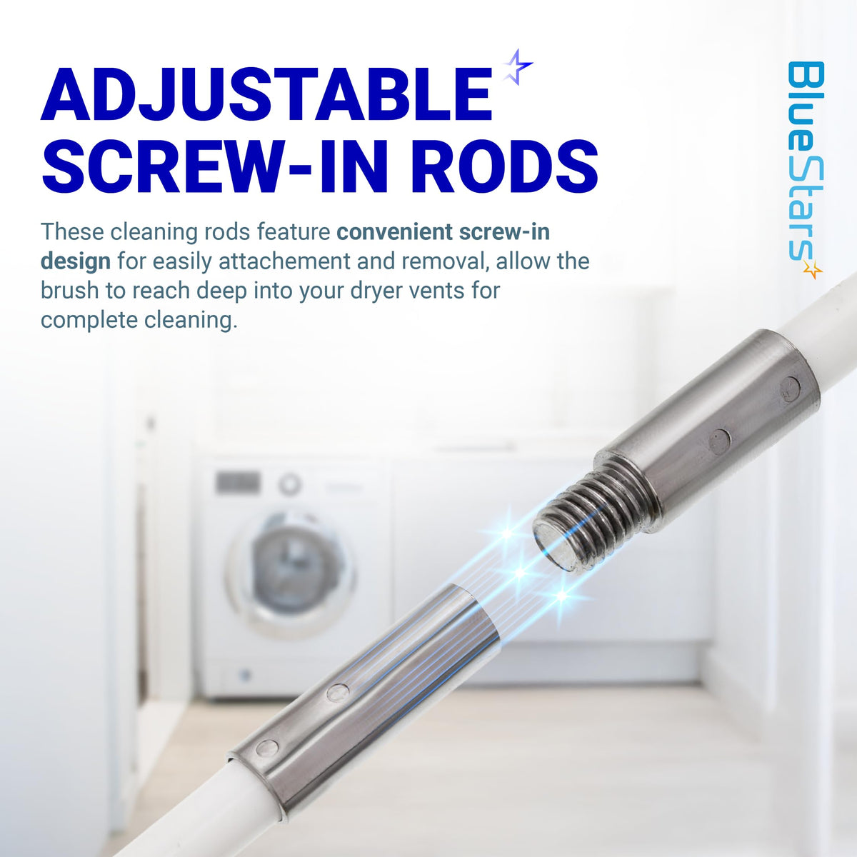Close-up of flexible dryer vent cleaner rod with screw-in connector for easy attachment.