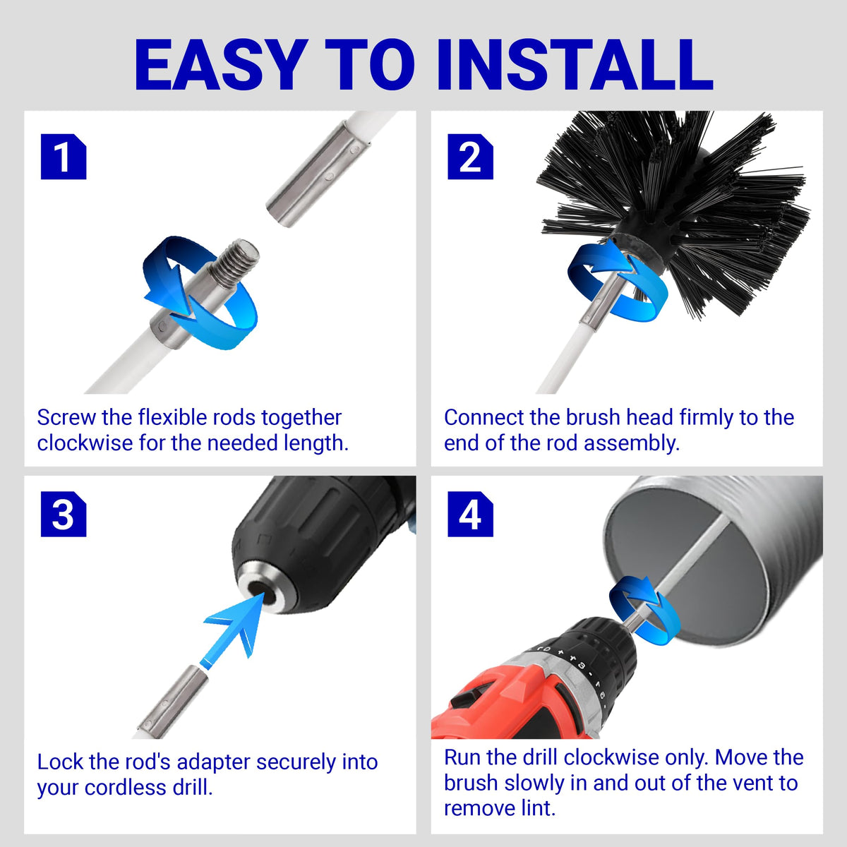 Four-step installation guide for dryer vent cleaner kit showing rod assembly, brush attachment, and drill connection.