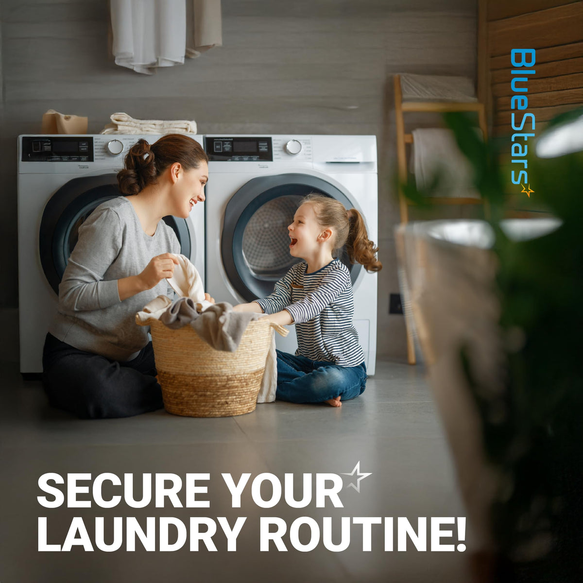 Mother and daughter folding laundry in front of a dryer to promote safe and efficient dryer vent maintenance.