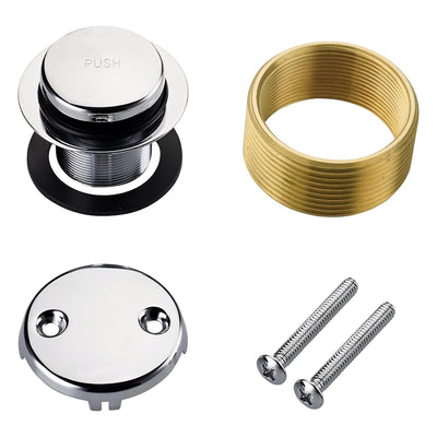 Chrome tip-toe tub drain, brass bushing, two-hole overflow faceplate, and mounting screws for bathtub trim kit.