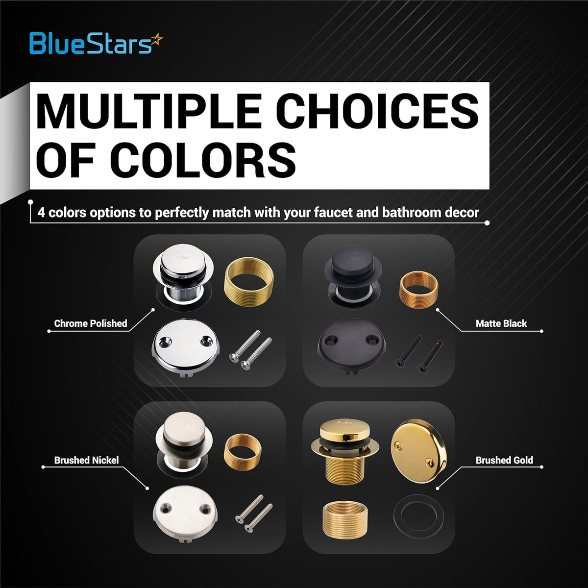 Tip-Toe tub trim kit color options in chrome, matte black, brushed nickel, and brushed gold finishes.