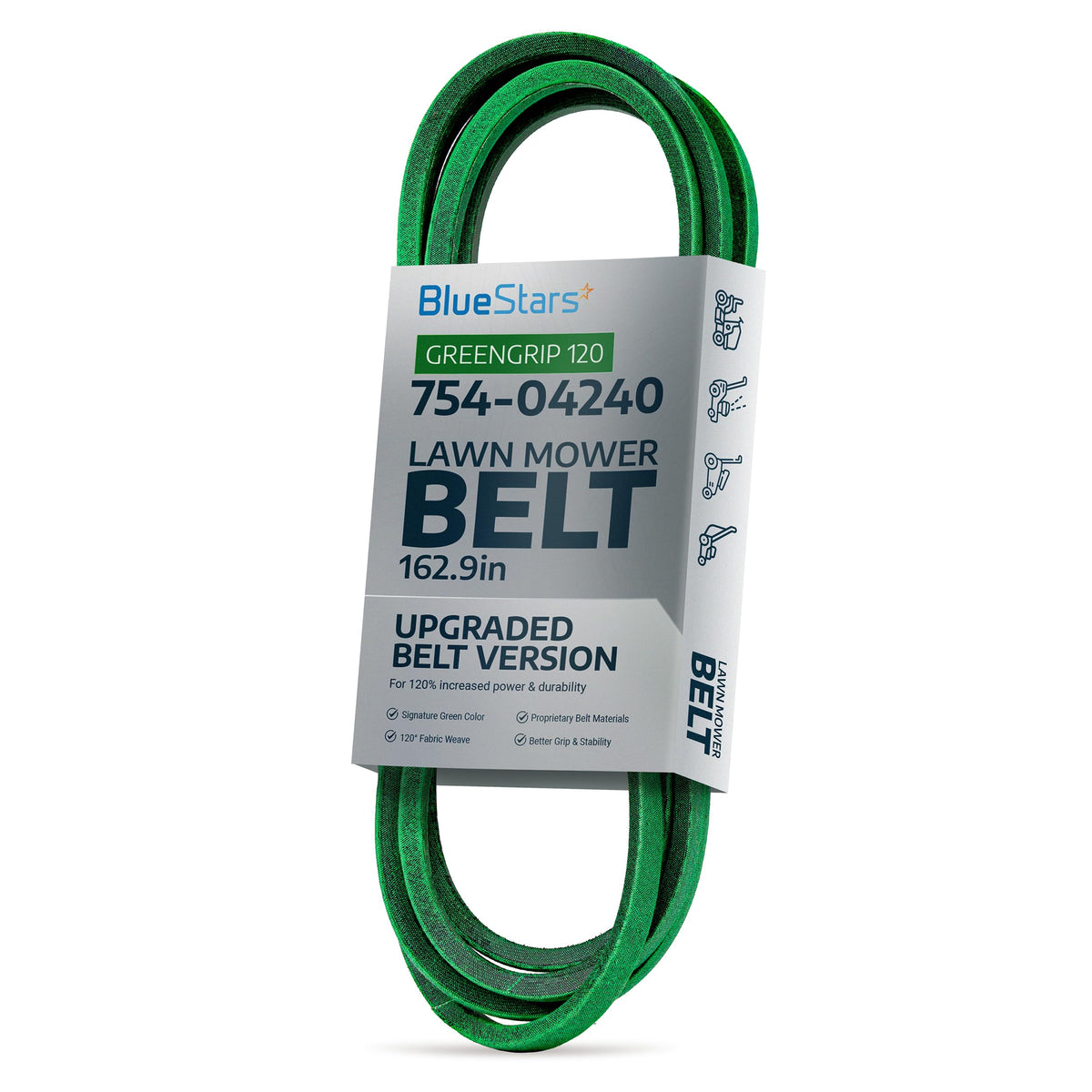 Green 754-04240 mower deck belt in BlueStars branded packaging for 50-inch lawn mowers.