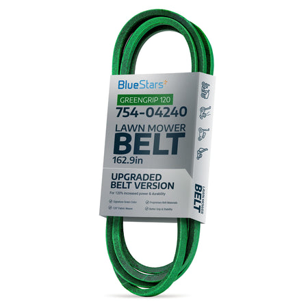 Green 754-04240 mower deck belt in BlueStars branded packaging for 50-inch lawn mowers.