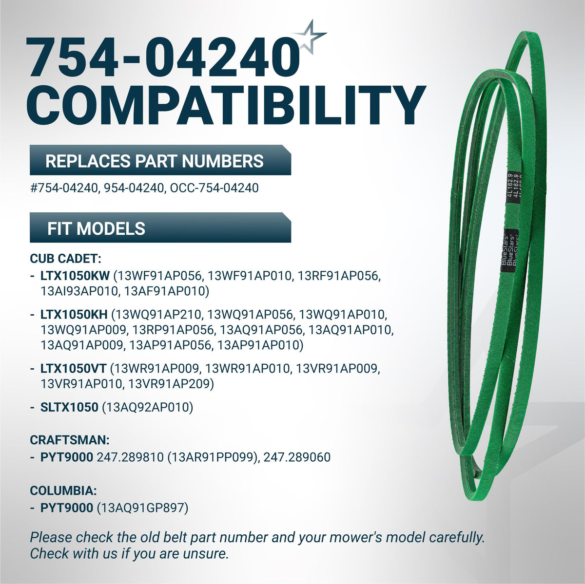 754-04240 mower deck belt compatibility chart for Cub Cadet and Craftsman 50-inch lawn mowers.