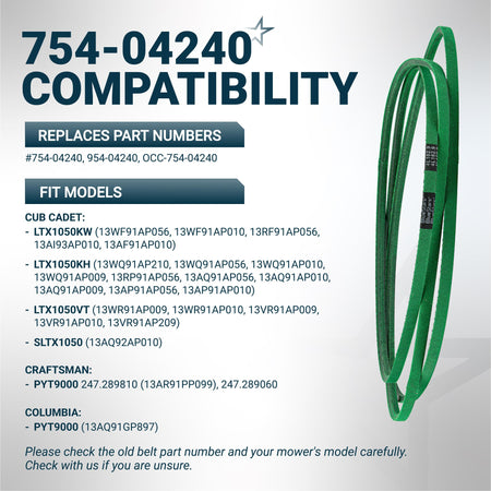 754-04240 mower deck belt compatibility chart for Cub Cadet and Craftsman 50-inch lawn mowers.