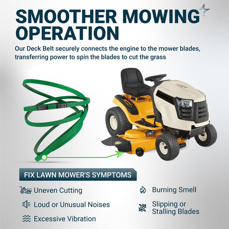 Infographic showing 754-04240 mower deck belt installed on a Cub Cadet riding lawn mower to fix common cutting issues.