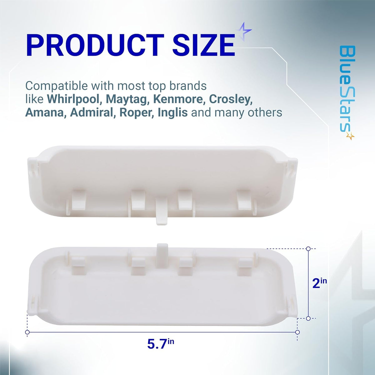 Dimension diagram of white dryer door handle showing 5.7-inch width and 2-inch height for Whirlpool and Maytag dryers.