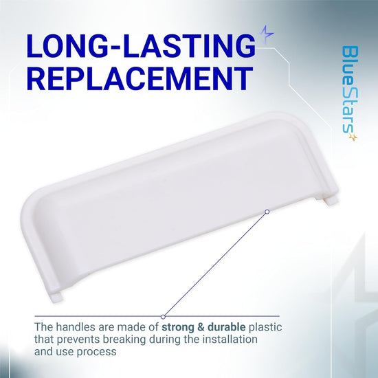 White replacement dryer door handle for Whirlpool, Kenmore, Maytag, and Amana dryers.