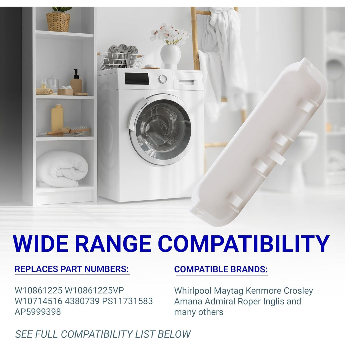 White dryer door handle replacement part W10861225 for Whirlpool, Kenmore, Maytag, and Amana dryers.