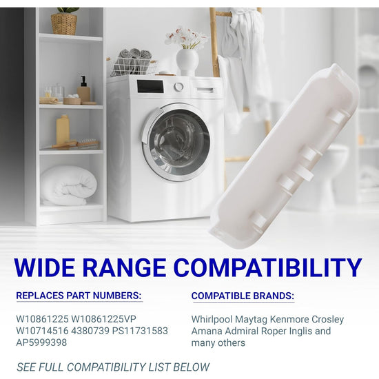 White dryer door handle replacement part W10861225 for Whirlpool, Kenmore, Maytag, and Amana dryers.