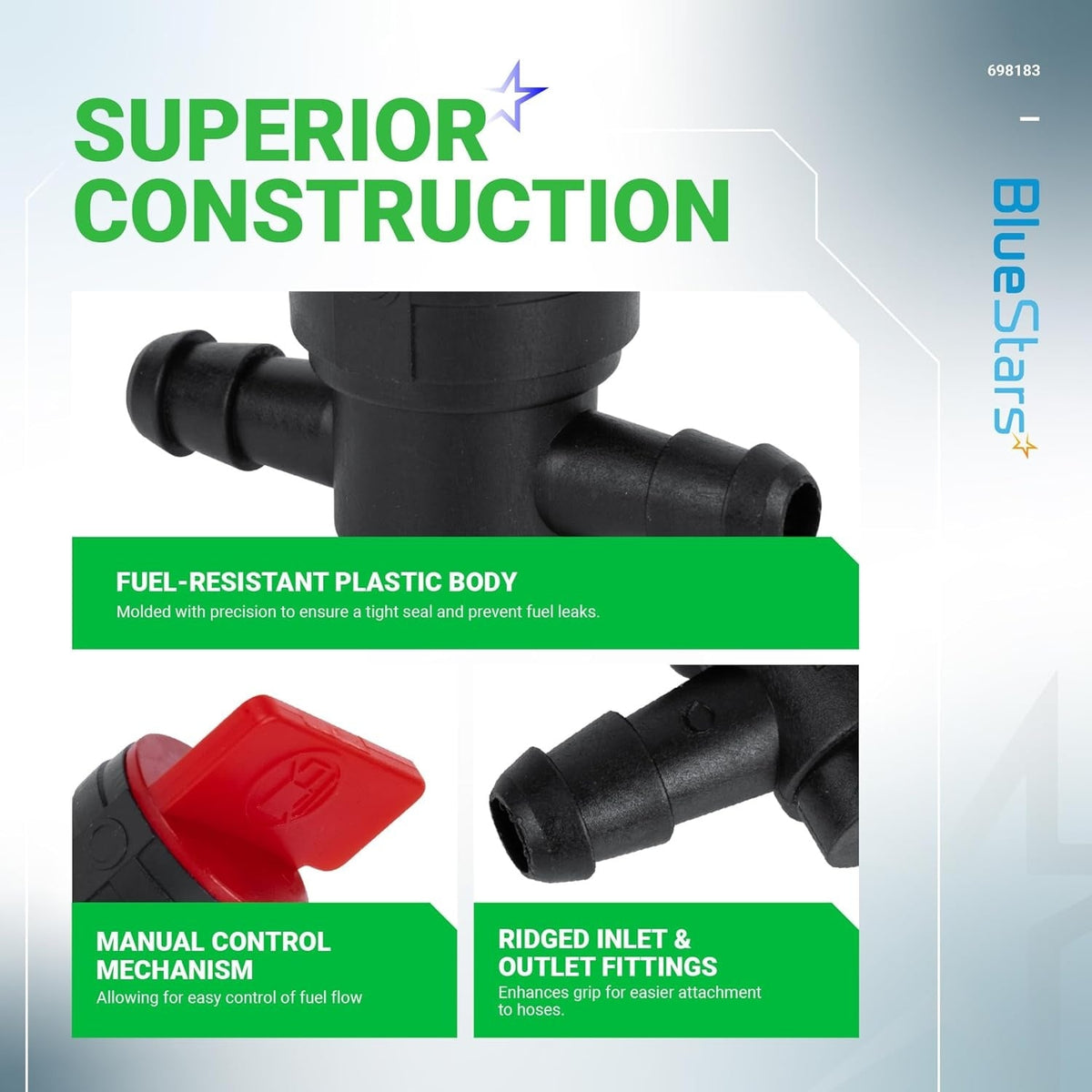 Infographic showing features of 1/4 inch inline fuel shut off valve with red manual control and ridged hose fittings.