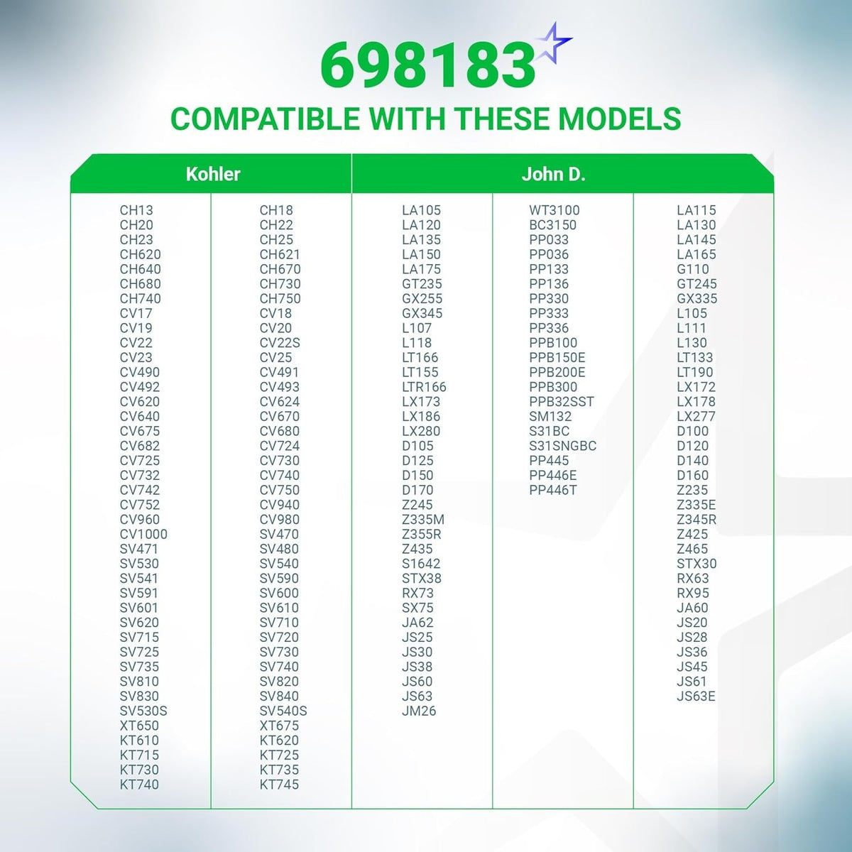 Compatibility chart for 698183 inline fuel shut off valve listing Kohler and John Deere mower models.
