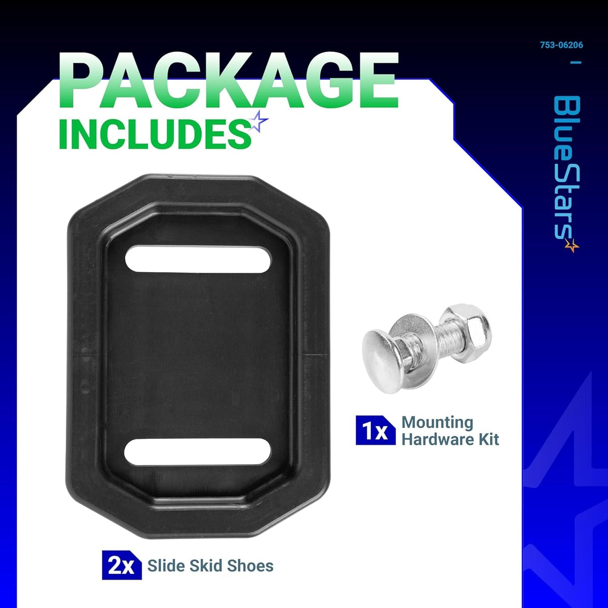 753-06206 snow thrower polymer slide shoe kit including two skid shoes and one mounting hardware set.