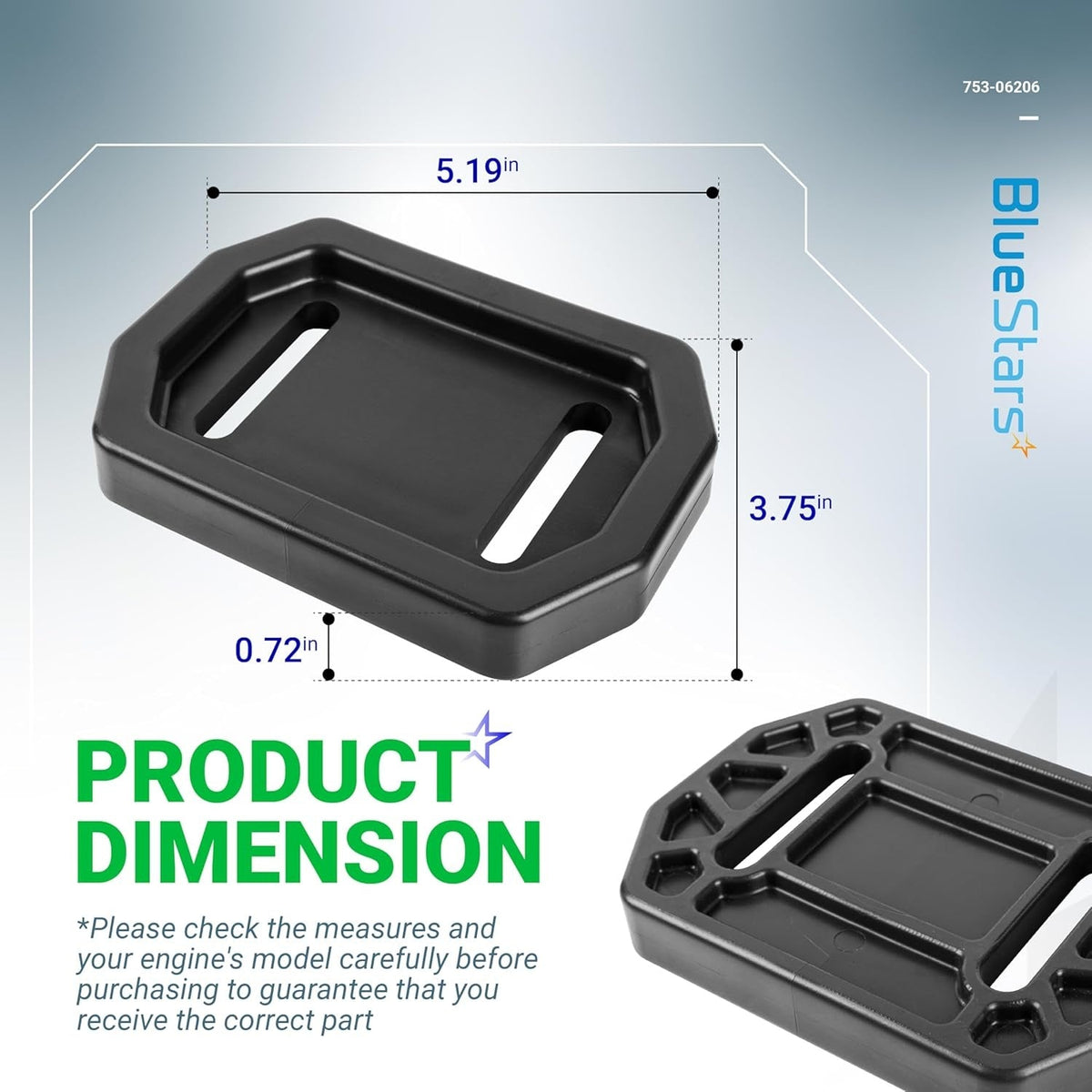 753-06206 snow thrower polymer slide shoe showing product dimensions of 5.19 inches by 3.75 inches.