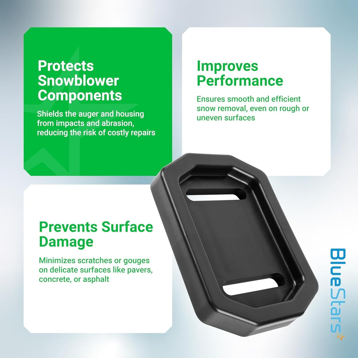 Black polymer slide shoe for snow thrower with informational graphics on surface protection and performance.