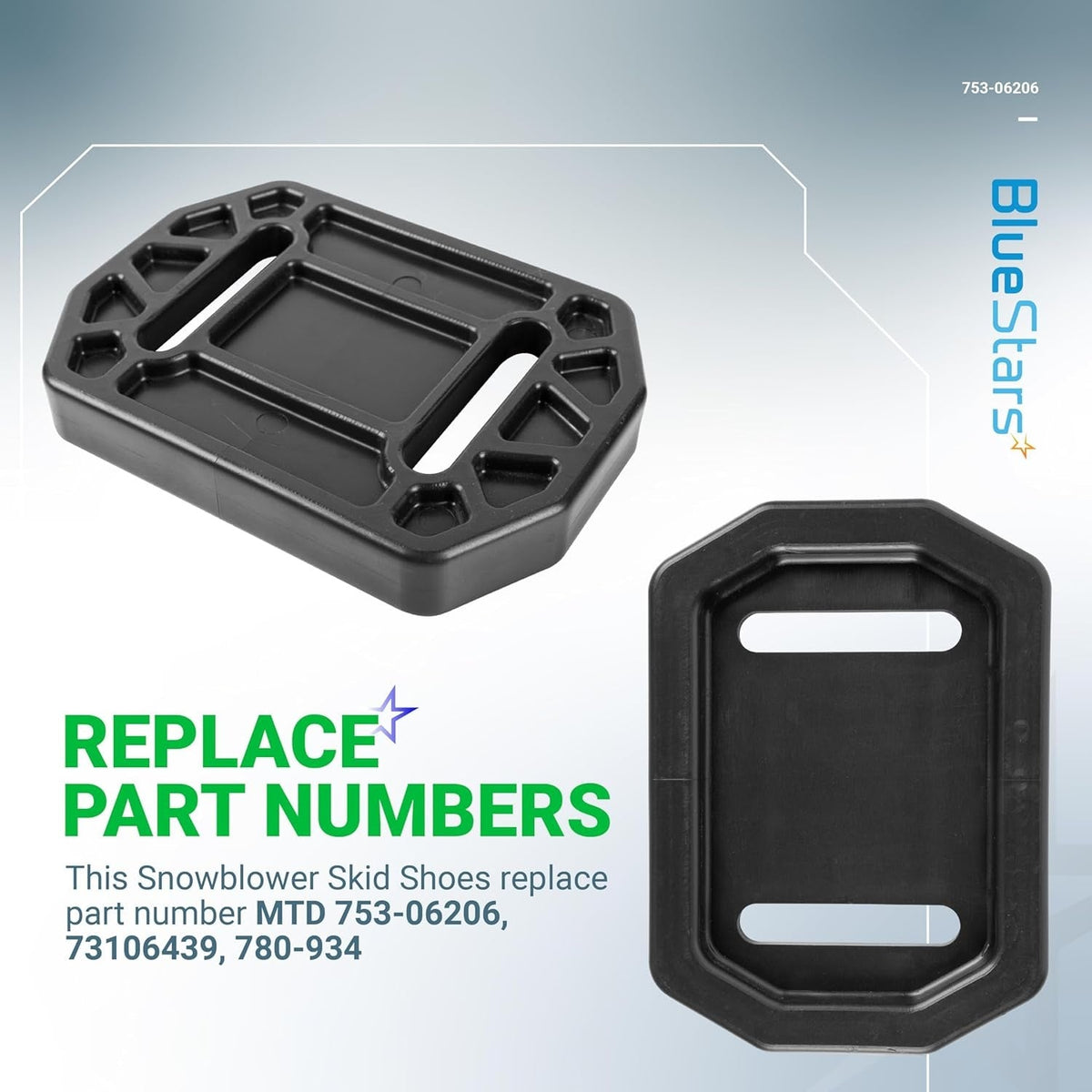 Two black polymer slide shoes for MTD snow throwers, part number 753-06206.