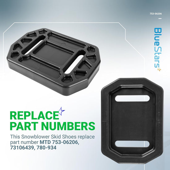 Two black polymer slide shoes for MTD snow throwers, part number 753-06206.