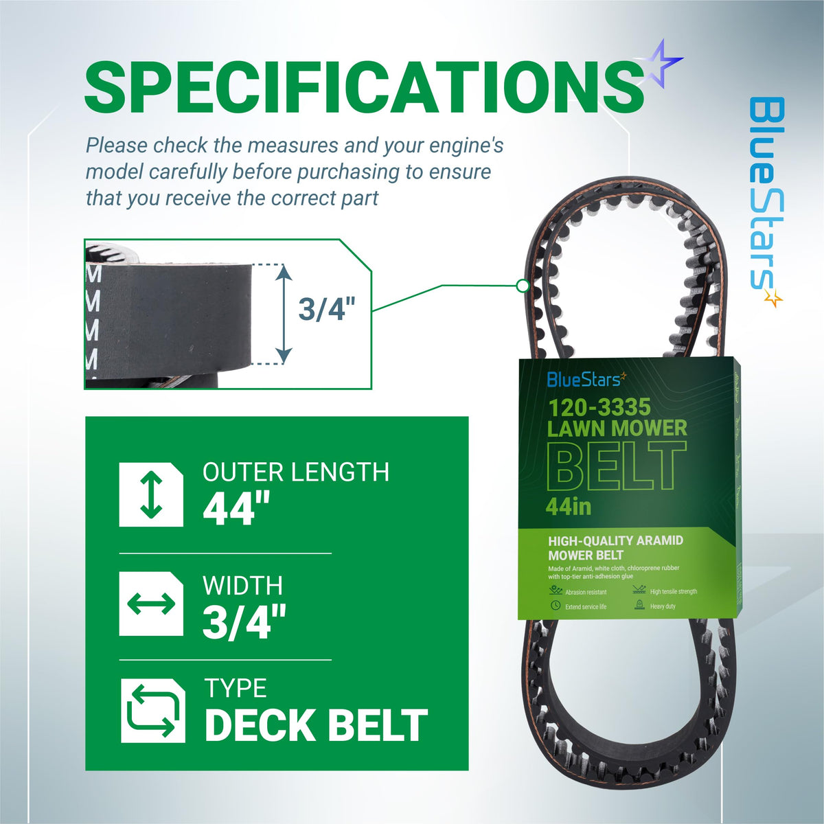 120-3335 timing belt specification chart showing 44-inch length and 3/4-inch width for Toro and Exmark mower decks.