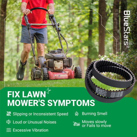 120-3335 timing belt for Toro TimeMaster lawn mowers with symptom troubleshooting guide infographic.