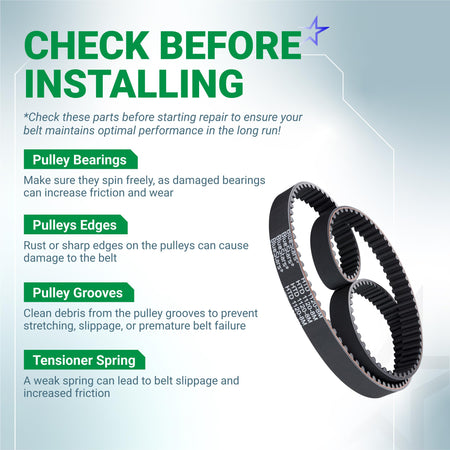 120-3335 timing belt installation guide for Toro TimeMaster and Exmark mowers showing pulley inspection tips.