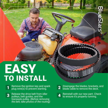 120-3335 timing belt for Toro TimeMaster and Exmark mowers with installation instructions infographic.