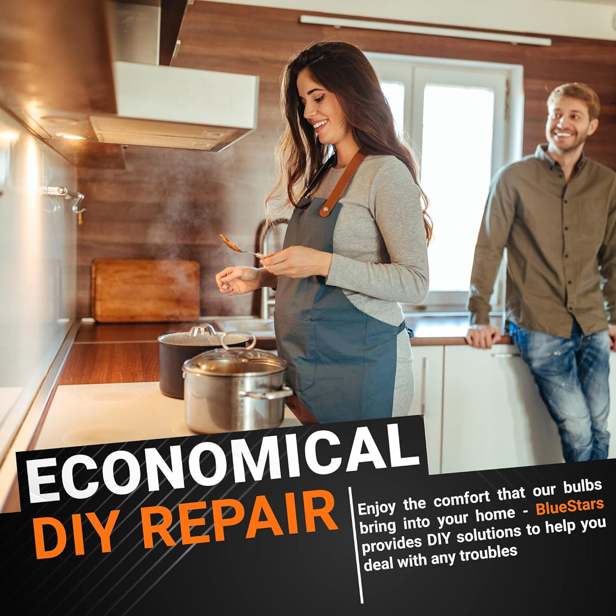 Lifestyle image of a couple in a kitchen promoting BlueStars DIY repair solutions for 8206232A 5W dimmable LED light bulbs.