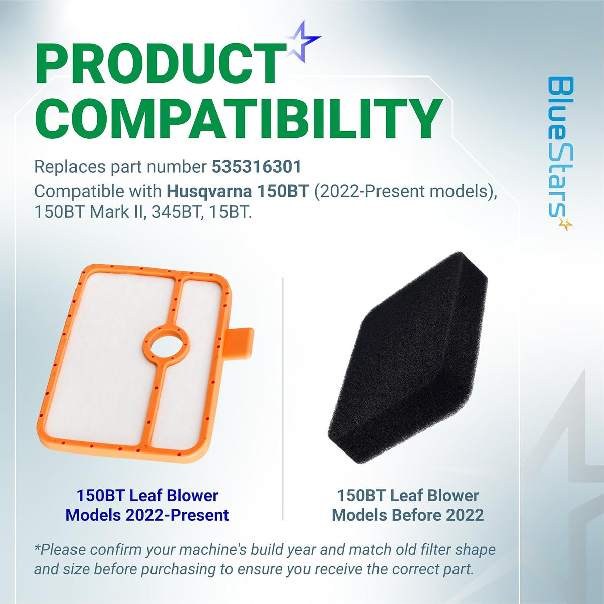 535316301 Air Filter 150BT compatibility graphic showing two filter shapes for Husqvarna 150BT models