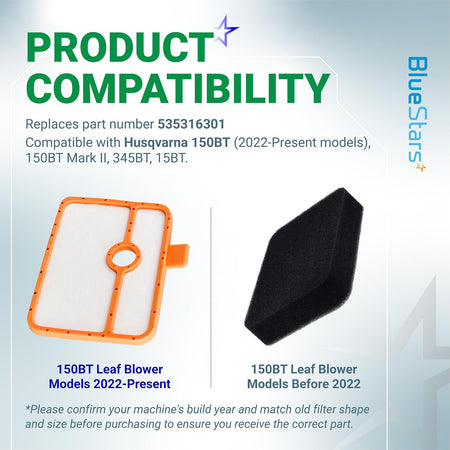 535316301 Air Filter 150BT compatibility graphic showing two filter shapes for Husqvarna 150BT models
