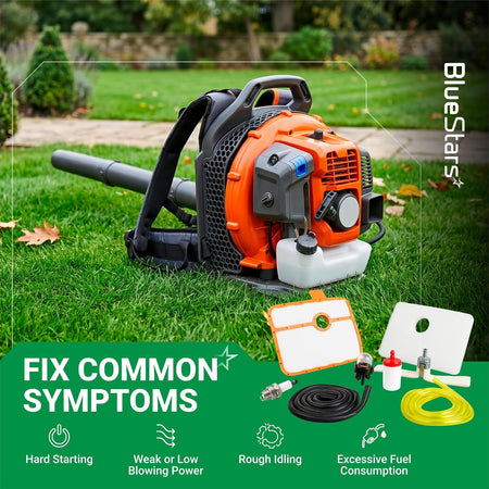 535316301 Air Filter 150BT shown with a backpack blower and common symptom graphics