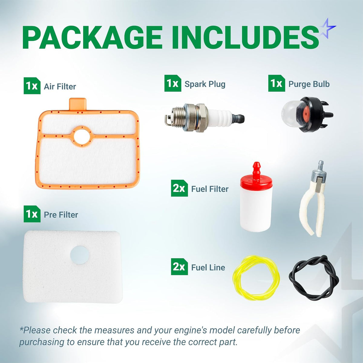 535316301 Air Filter 150BT package contents shown with air filter, pre-filter, spark plug, purge bulb, fuel filters and lines
