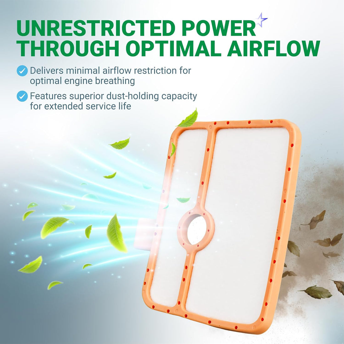 535316301 Air Filter 150BT shown in an airflow and dust-holding feature graphic