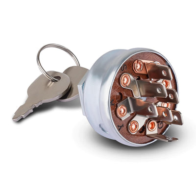 Ignition starter switch with keys for riding lawn mowers, showing rear terminal view with metal contact pins.