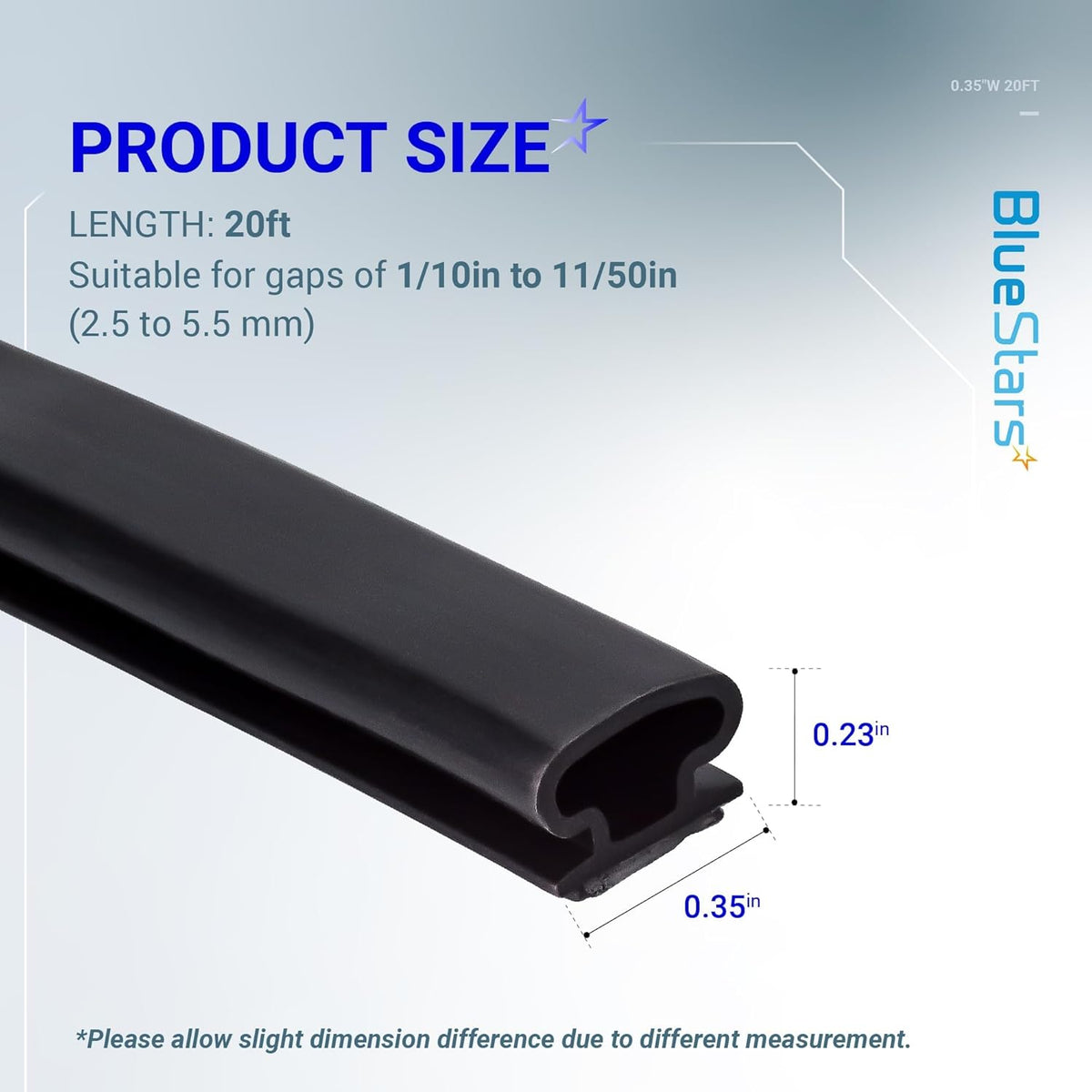 Infographic showing dimensions of 20ft weather stripping soundproof door seal for gaps 2.5mm to 5.5mm.