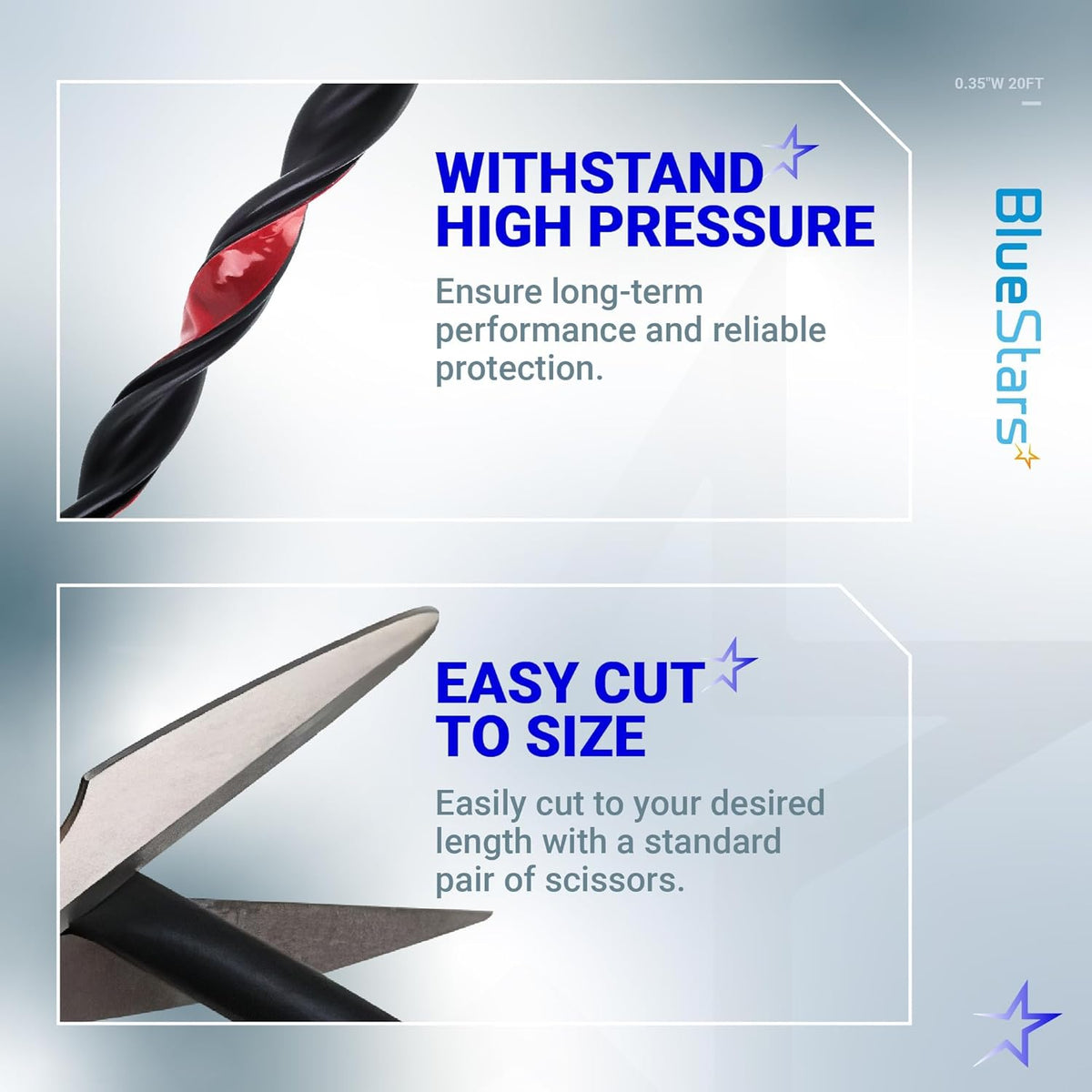 Infographic showing weather stripping door seal durability and ease of cutting to size with scissors.