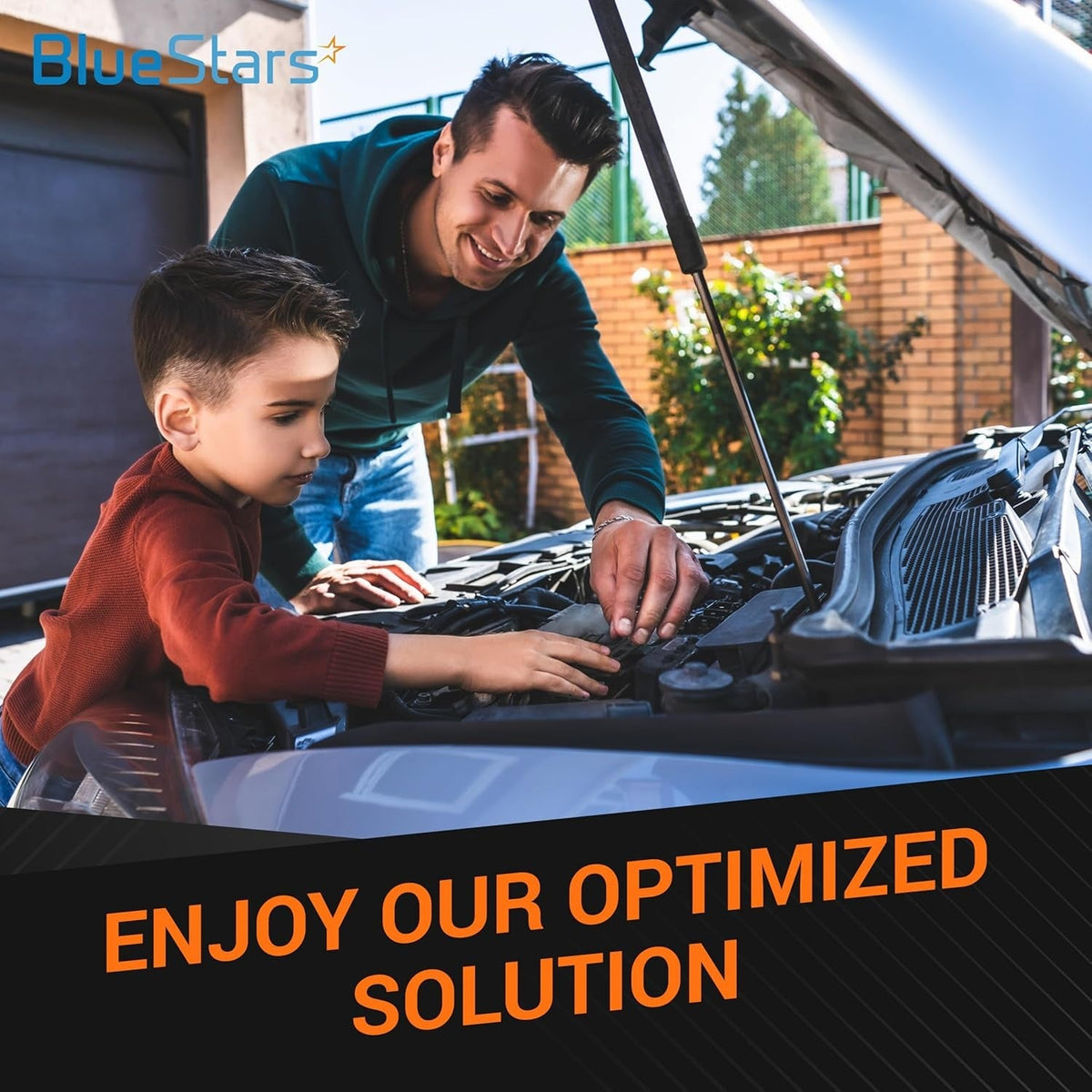 Father and son working on a car engine to represent the reliable application of a 250A bus bar electrical solution.