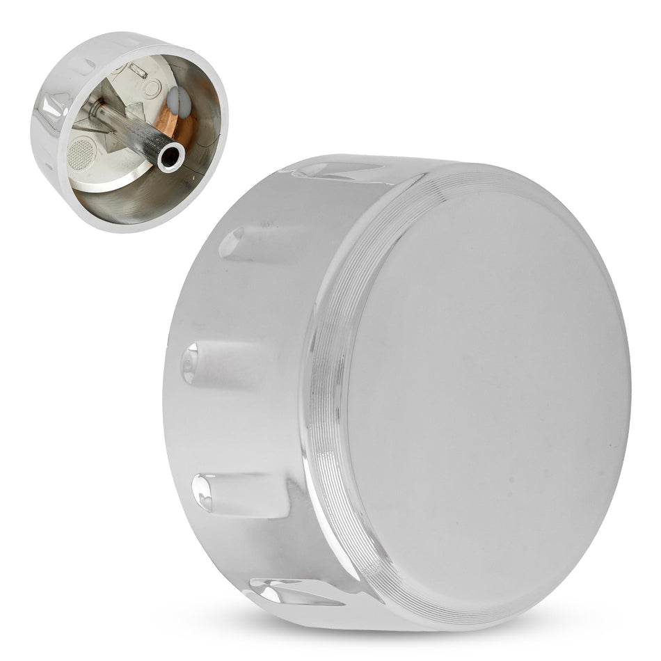 Chrome WE01X21167 control knob for GE washer and dryer, showing front and rear views of the replacement dial.
