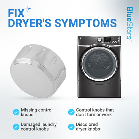 WE01X21167 replacement control knob for GE dryers shown with a compatible dryer and list of common repair symptoms.